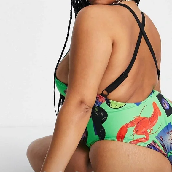 ASOS-COLLUSION Plus size halter neck swimsuit in neon green photographic print. - Picture 2 of 5